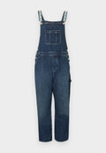 Dunkelblaue Denim-Latzhosen mit verstellbaren Trägern, Knopfverschlüssen an den Seiten, einer Fronttasche und weiteren Hosenbeinen. Glatte Textur und lässiges Design.
