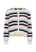 Knopfcardigan mit horizontalen Streifen in Creme, Hellblau, Schwarz, Burgunderrot und blassrosa, mit langen Ärmeln und Rundhalsausschnitt.