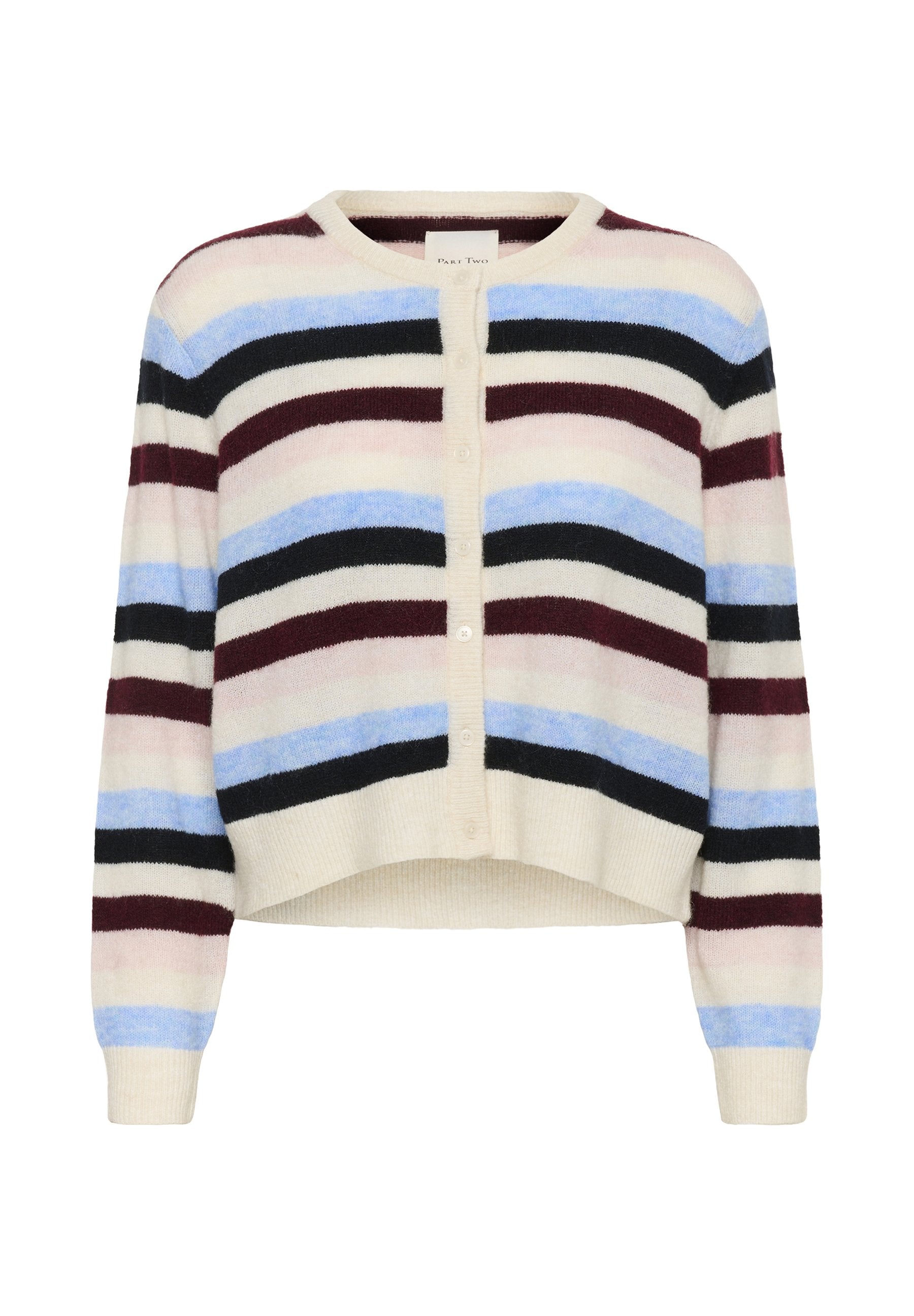 Knopfcardigan mit horizontalen Streifen in Creme, Hellblau, Schwarz, Burgunderrot und blassrosa, mit langen Ärmeln und Rundhalsausschnitt.