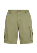 Olivgrüne Cargo-Shorts mit Knopfverschluss, seitlichen Taschen und einer glatten Stofftextur, die für Funktionalität und Komfort entworfen wurden.