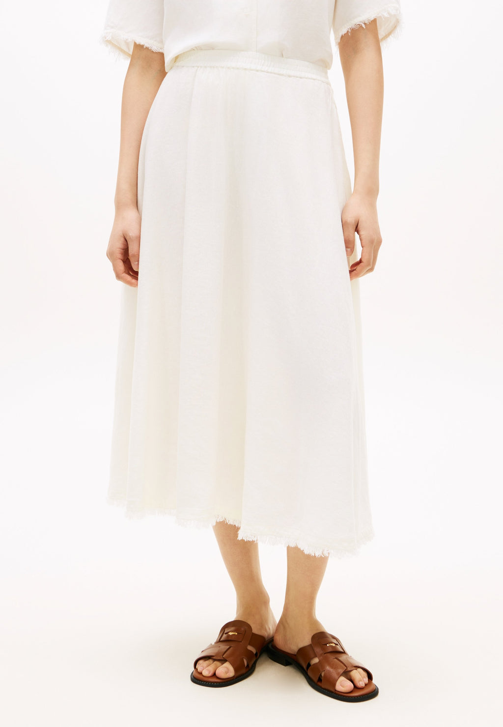 PLEATED LINEN BLEND MIDI A-LINE SKIRT Media 3