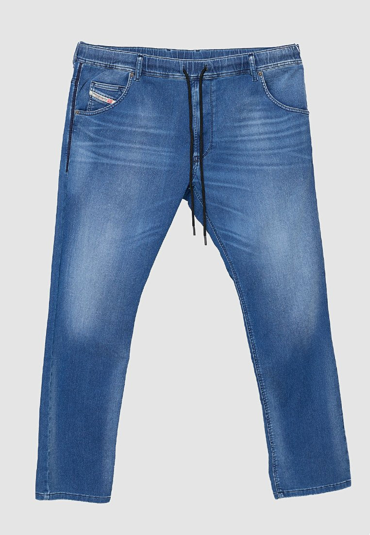 Blaue Jeans-Jogginghose mit elastischem Bund, Kordelzug, Fronttasche und einem verwaschenen Muster an den Oberschenkeln. Gerades Bein-Design.