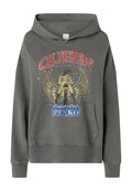Grauer Hoodie mit einem Frontdesign, das den Text "QUEEN OF THE ROAD", Engelshügel und "PINKO" in Blau zeigt, und einer Kängurutasche.