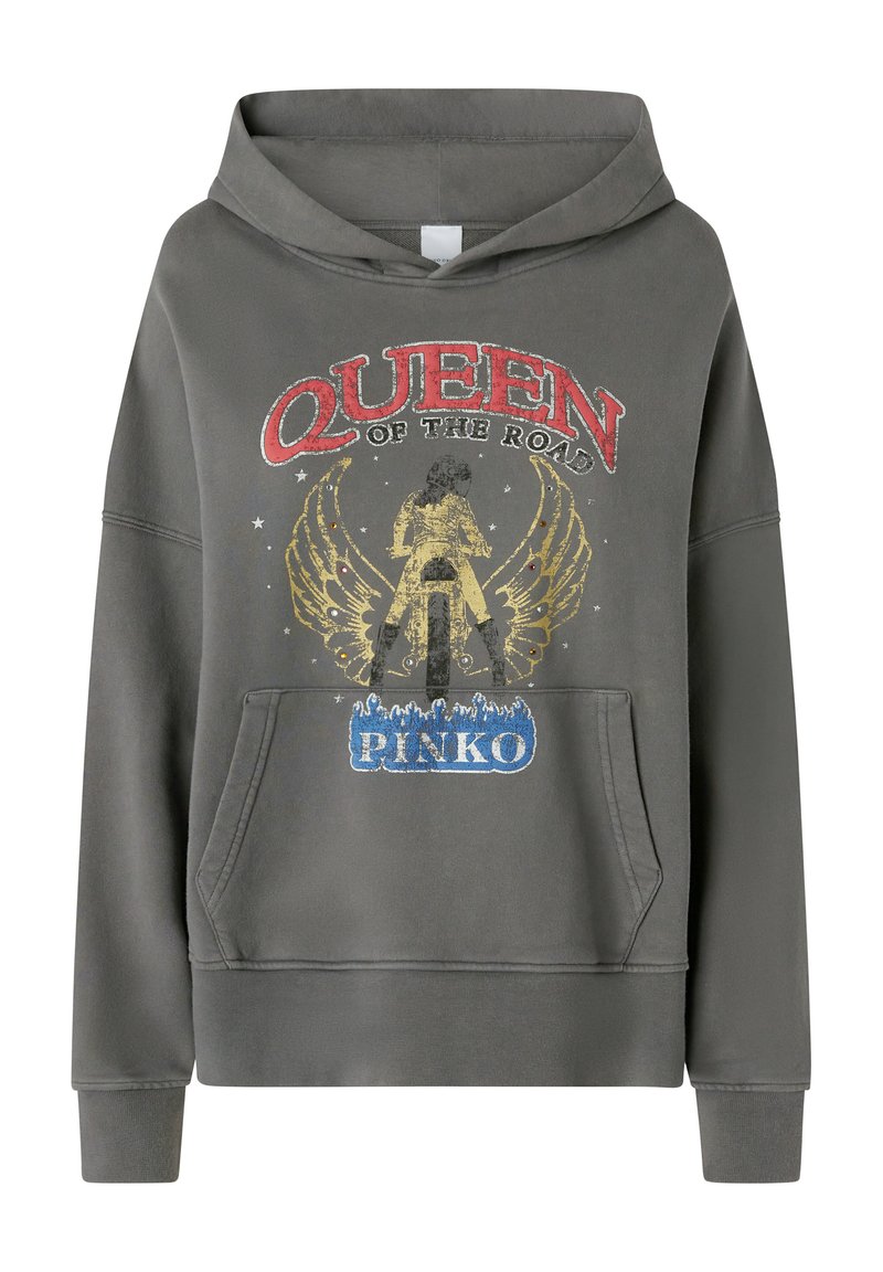 Grauer Hoodie mit einem Frontdesign, das den Text "QUEEN OF THE ROAD", Engelshügel und "PINKO" in Blau zeigt, und einer Kängurutasche.