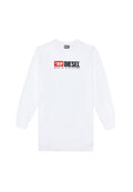 Weißes Sweatshirt aus Baumwolle mit Rundhalsausschnitt und langen Ärmeln. Auf der Vorderseite befindet sich das schwarze und rote Logo "DIESEL DENIM DIVISION".