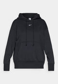 Schwarzer Nike-Hoodie mit Kordelzugkapuze, Fronttasche und weißem Logo auf der Brust. Hergestellt aus weichem, strukturiertem Stoff.