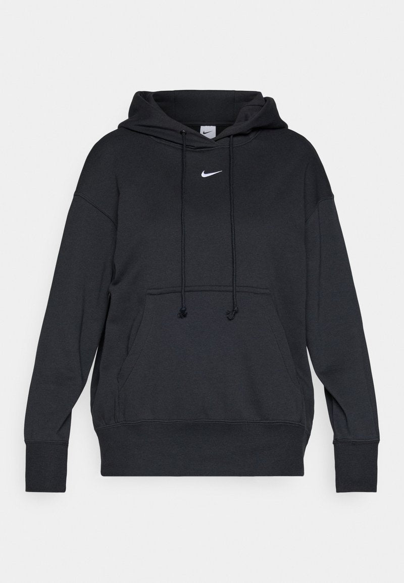 Schwarzer Nike-Hoodie mit Kordelzugkapuze, Fronttasche und weißem Logo auf der Brust. Hergestellt aus weichem, strukturiertem Stoff.