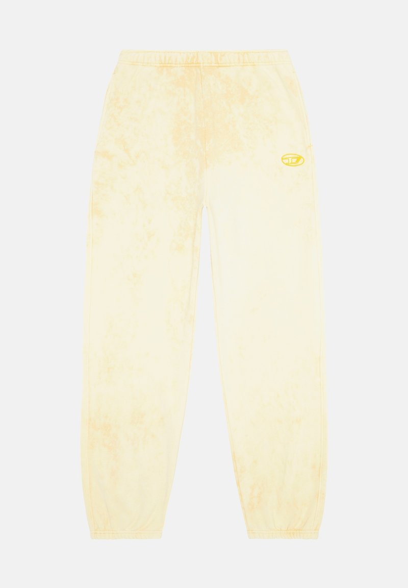 Gelbe Batik-Sweatpants mit elastischem Bund, schmal zulaufenden Beinen und einem kleinen Logo-Akzent auf der linken Vorderseite. Weiches Stoffgefühl.