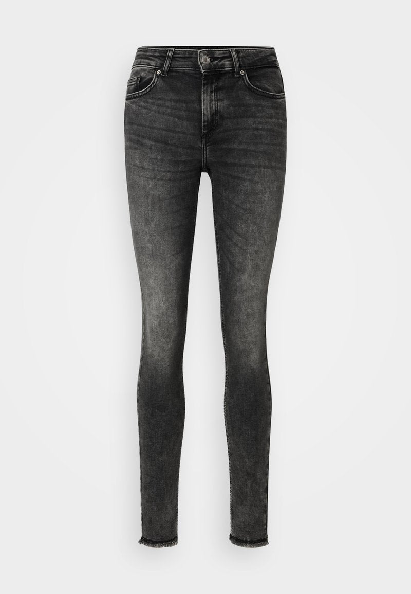 Skinny Jeans aus verwittertem schwarzem Denim, mit hoher Taille, schmalem Schnitt, fünf Taschen und ausgefranstem Saum an den Knöcheln.