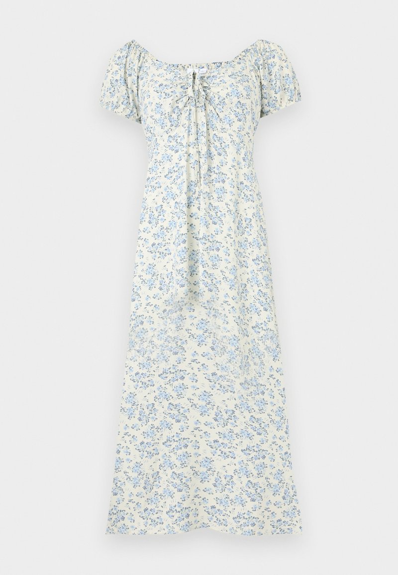 Weißes Midikleid mit hellblauem Blumenmuster, kurzen Puffärmeln, gerafftem Ausschnitt und vorderer Knoten-Detail.