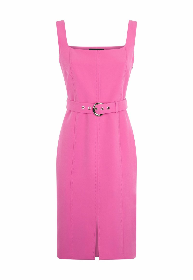 Fuchsia ärmelloses Kleid mit quadratischem Ausschnitt, tailliert mit einem runden Schnallen-Gürtel und einem Frontschlitz, aus glattem Stoff gefertigt.
