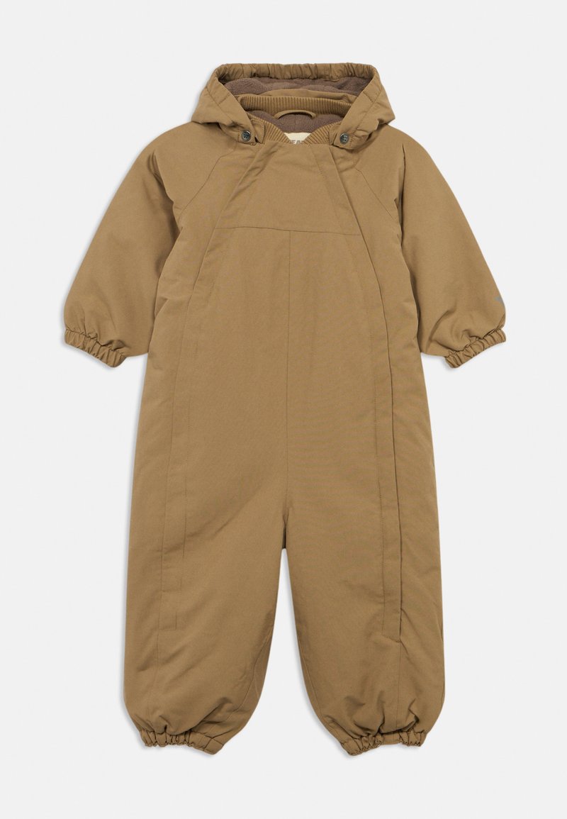 Brauner isolierter Baby-Schneeanzug mit Kapuze, elastischen Bündchen an Ärmeln und Beinen, entworfen für kaltes Wetter.
