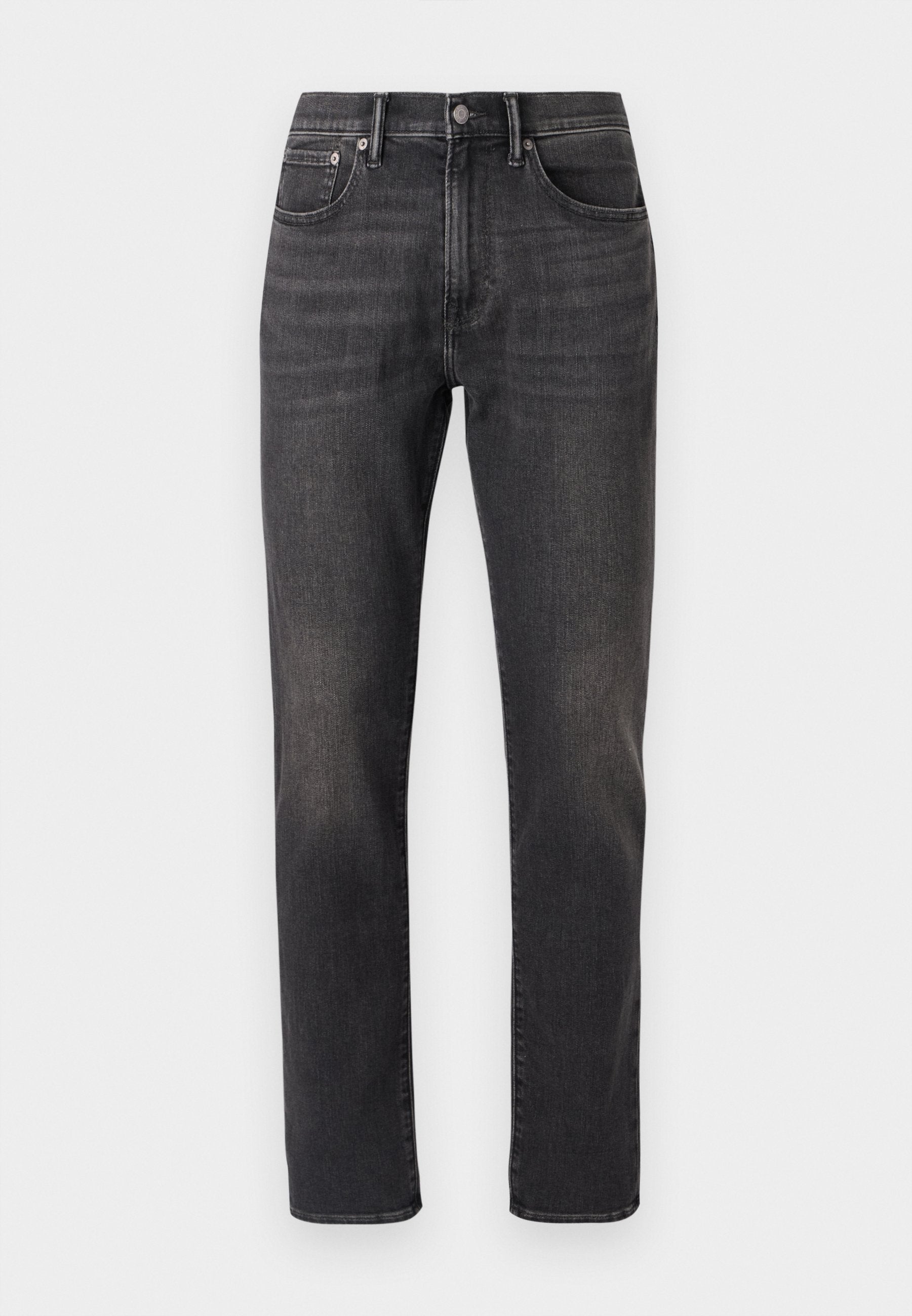 Schwarze Jeans aus Denim mit geradem Bein, ausgestattet mit Fronttaschen, einem Knopfverschluss und dezenten Verwaschungen im Stoff.