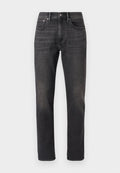 Schwarze Jeans aus Denim mit geradem Bein, ausgestattet mit Fronttaschen, einem Knopfverschluss und dezenten Verwaschungen im Stoff.