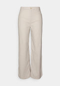 Beige Leinenhose mit weitem Bein, Knopfverschluss, seitlichen Taschen und glatter Textur. Sie bietet eine lockere Passform und klare Linien.