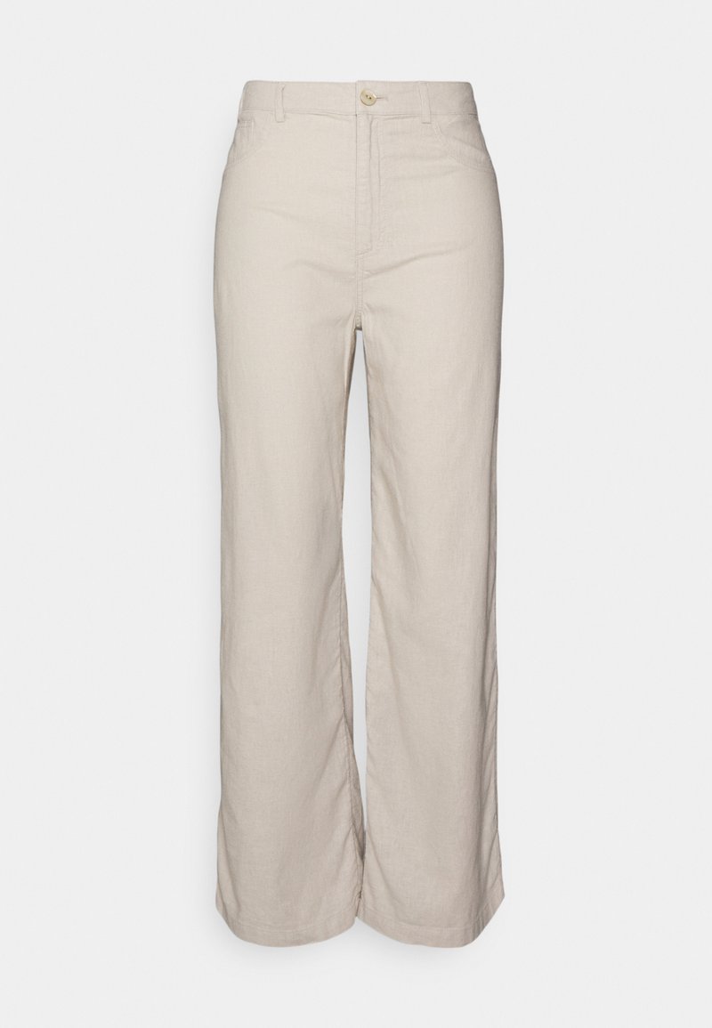 Beige Leinenhose mit weitem Bein, Knopfverschluss, seitlichen Taschen und glatter Textur. Sie bietet eine lockere Passform und klare Linien.