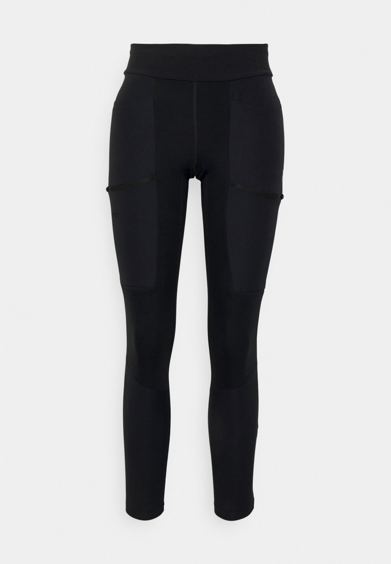 Schwarze Leggings mit hohem Bund, die kontrastierende Einsätze, Taschen und eine glatte, dehnbare Textur aufweisen. Geeignet für aktive Kleidung.