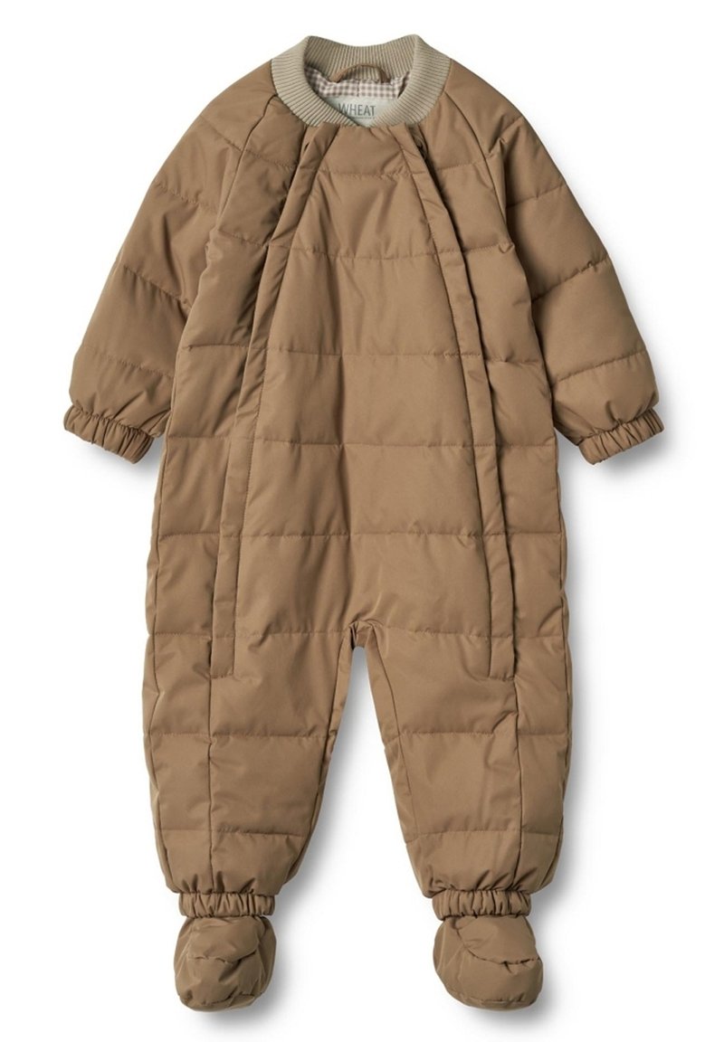 Brauner gepolsterter Schneeanzug mit gestepptem Design, geripptem Halsausschnitt sowie elastischen Bündchen und Füßen, der isolierten Schutz bei kaltem Wetter bietet.