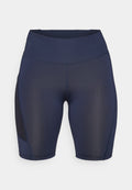 Marineblaues Sportshorts aus einem glatten, dehnbaren Material. Verfügt über einen breiten Bund und seitliche Netztaschen für Funktionalität.