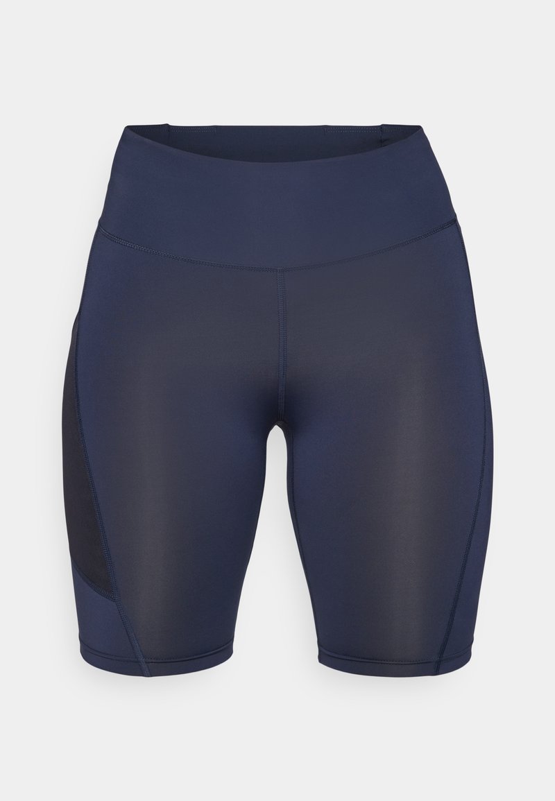 Marineblaues Sportshorts aus einem glatten, dehnbaren Material. Verfügt über einen breiten Bund und seitliche Netztaschen für Funktionalität.