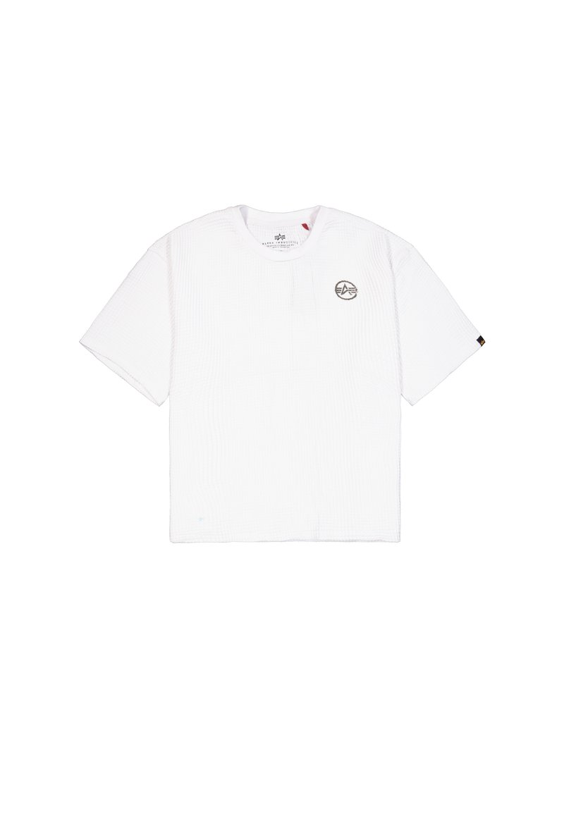 Weißes T-Shirt mit kurzen Ärmeln aus Waffelstrick, rundem Halsausschnitt und kleinem runden schwarzen Logo auf der linken Brust.