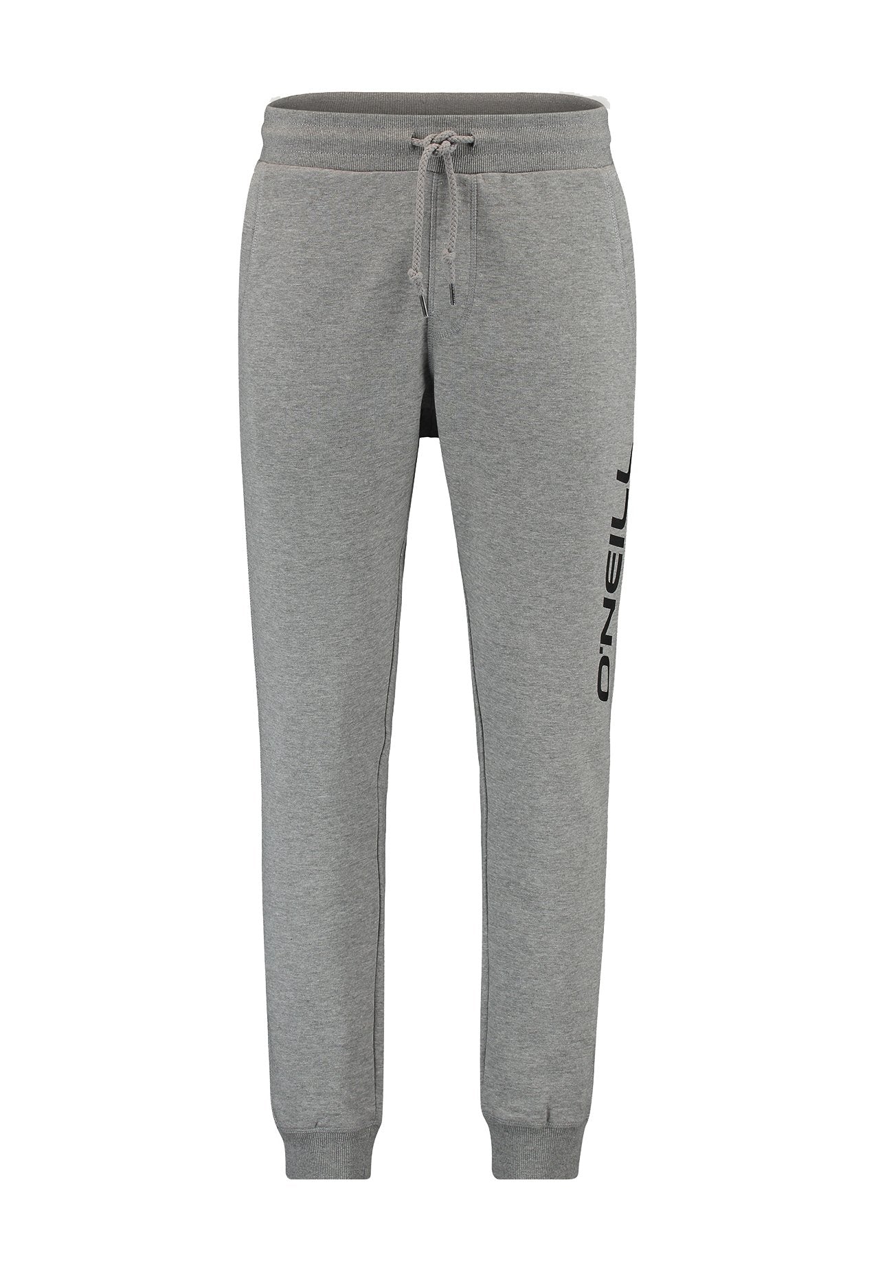 Graue Sweatpants aus weichem Baumwollstoff, mit einem Kordelzugbund, schmal zulaufenden Beinen und einem schwarzen Logo auf der linken Seite.