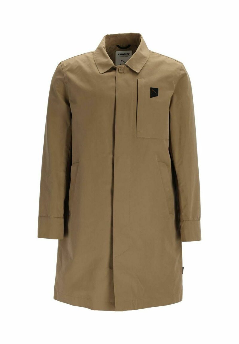 Beige Trenchcoat mit Kragen, langen Ärmeln, einer Brusttasche und Seitentaschen. Glatte Textur und minimalistisches Design.