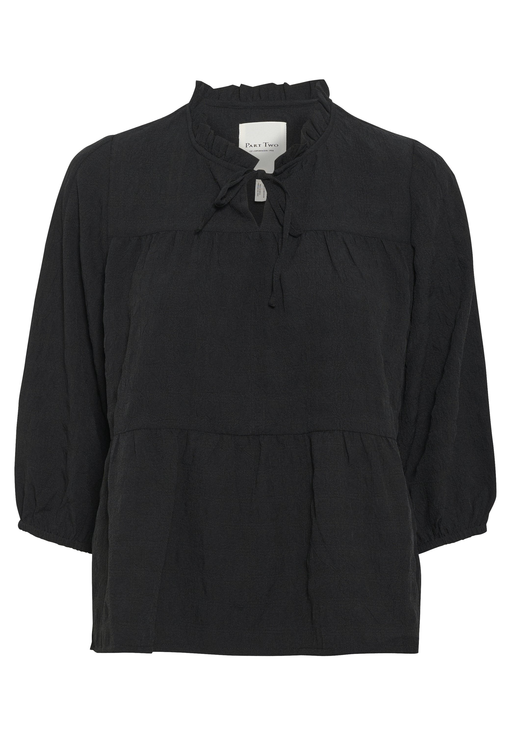 Schwarze Bluse aus strukturiertem Stoff mit Rüschensaum und bindbarem Vorderteil. Verfügt über Dreiviertelärmel und einen luftigen Oberteil mit gerafften Akzenten.