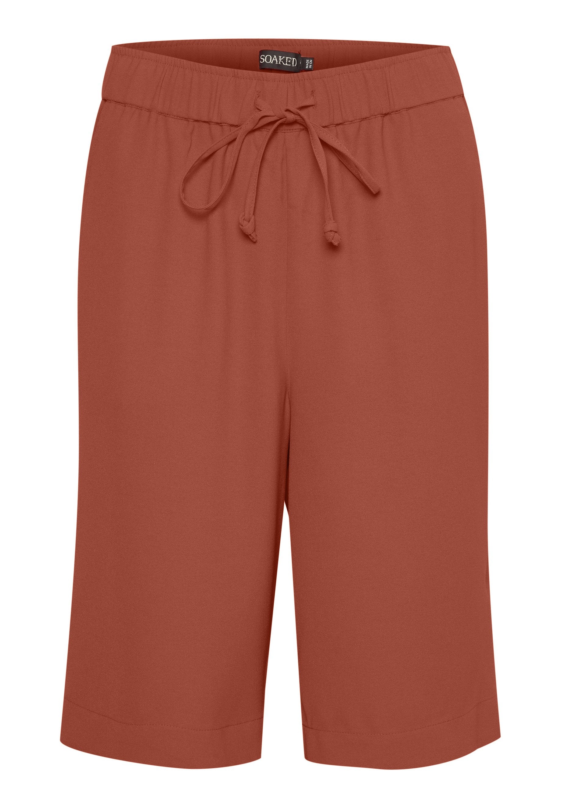 Rostfarbene Shorts mit elastischem Bund, Kordelzug und glatter Textur. Fallen bis zur Mitte des Oberschenkels mit einem lockeren Schnitt und gesäumten Bündchen.