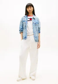 Tommy Jeans BRODERIE ANGLAISE DRAWSTRING TROUSERS WITH LINEN - Trousers - ancient white