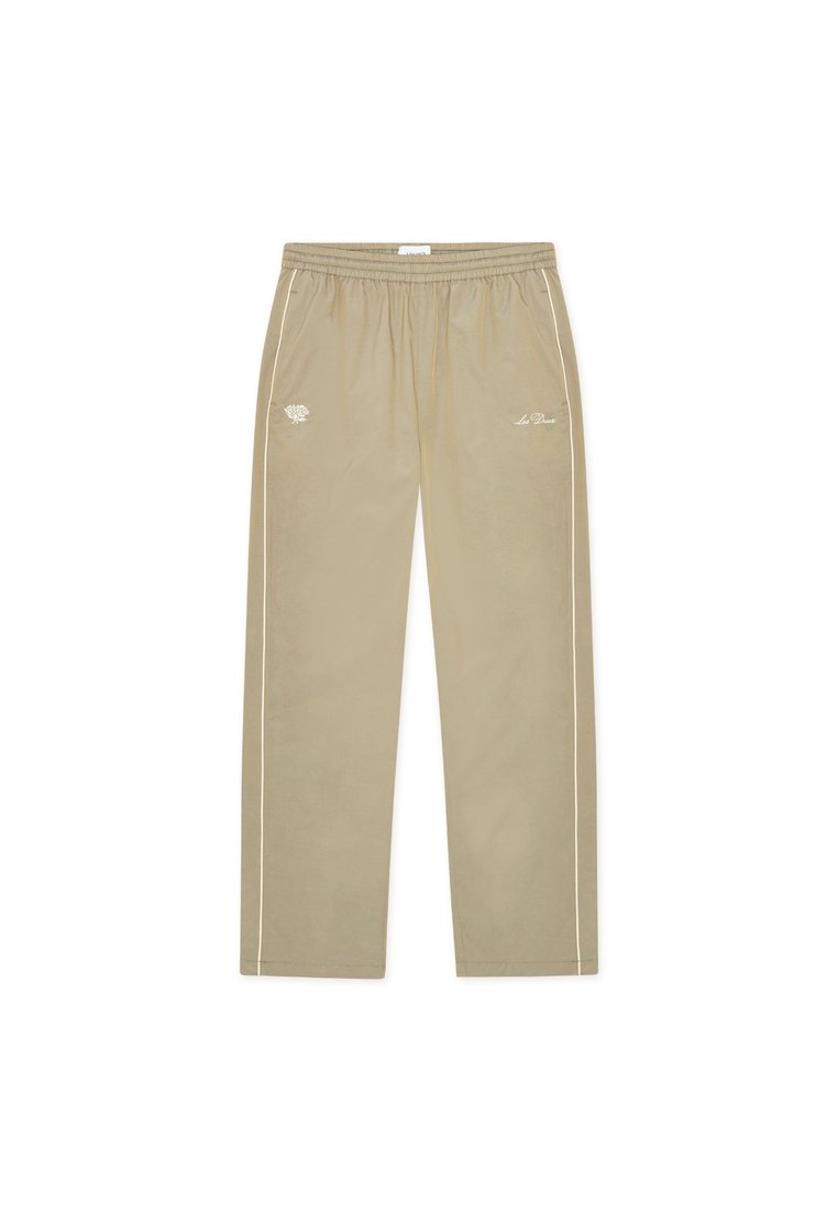 Hellbeige Jogginghose mit weicher Textur, ausgestattet mit einem Kordelzug am Bund, weißen Seitenstreifen und besticktem Logo.