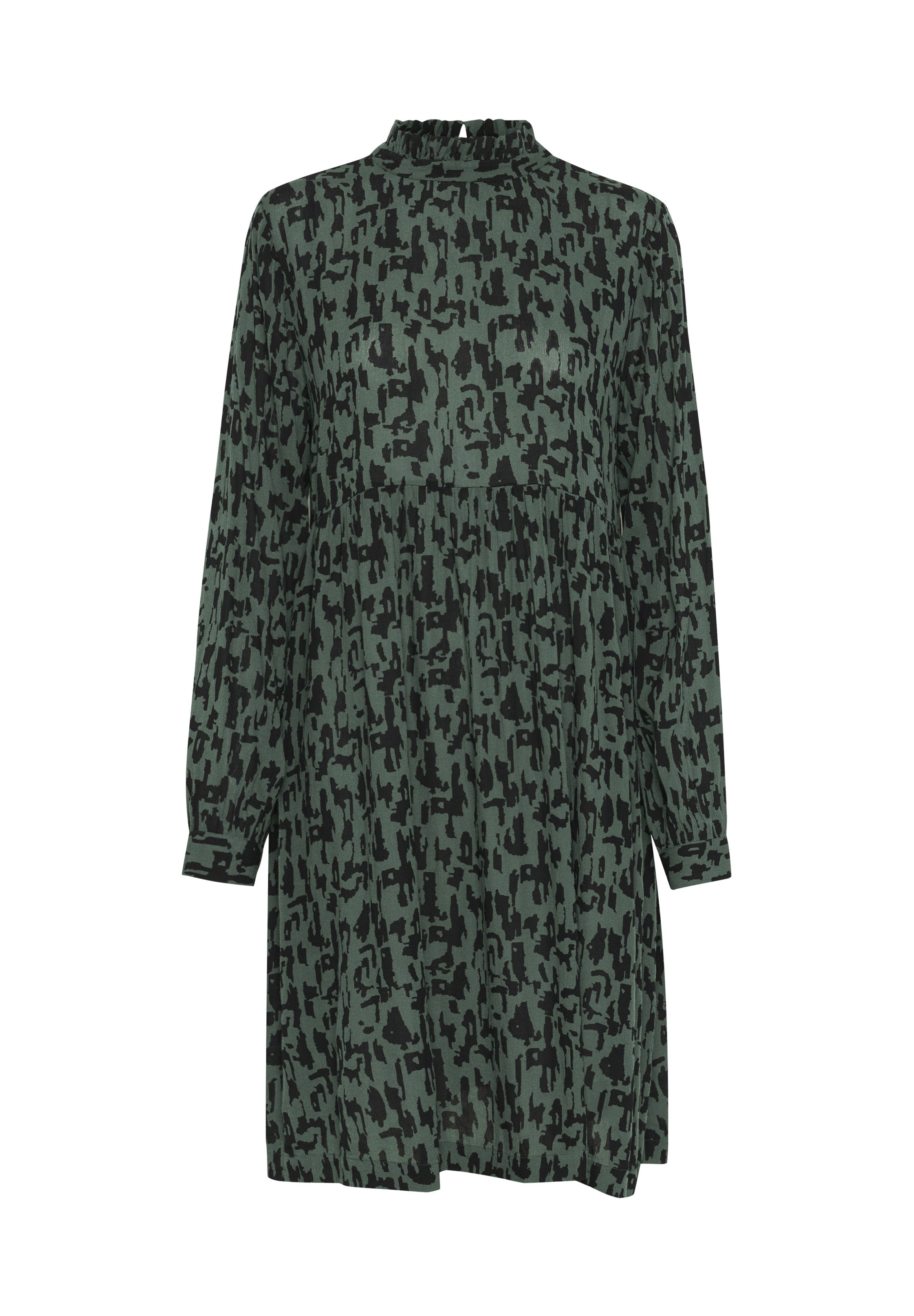 Grünes Kleid mit langen Ärmeln, hohem Kragen und abstraktem schwarzen Muster. Hergestellt aus weichem Stoff, mit einer lockeren, A-Linien Silhouette.