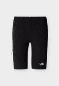 Schwarze Shorts aus leichtem Stoff, mit Reißverschlusstaschen, Knopfverschluss und einem kleinen weißen Logo am unteren linken Bein.