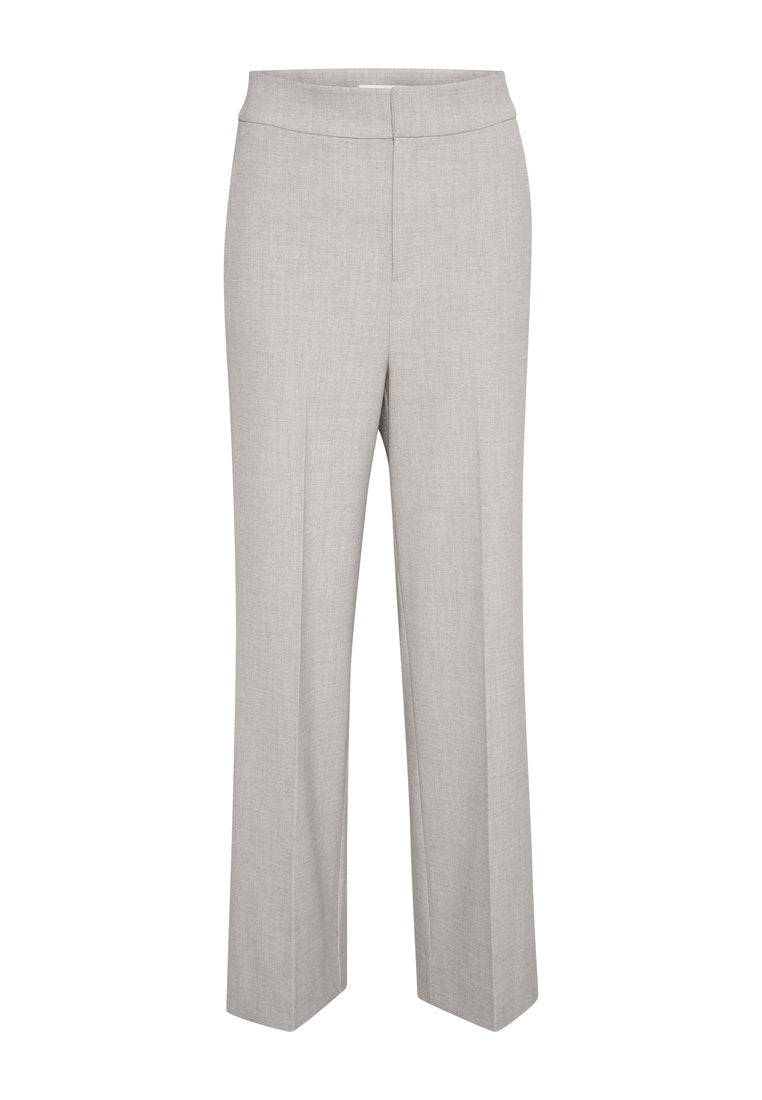 Hellgraue, weit geschnittene Hosen mit glatter Textur, hoher Taille und einem schlichten, unaufgeregten Design.