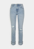Helle blaue Jeans mit hoher Taille, ausgestattet mit aufgerissenen Knieakzenten, geradem Schnitt und umgeschlagenen Säumen.