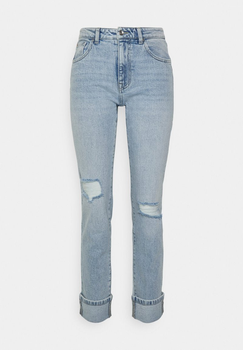 Helle blaue Jeans mit hoher Taille, ausgestattet mit aufgerissenen Knieakzenten, geradem Schnitt und umgeschlagenen Säumen.