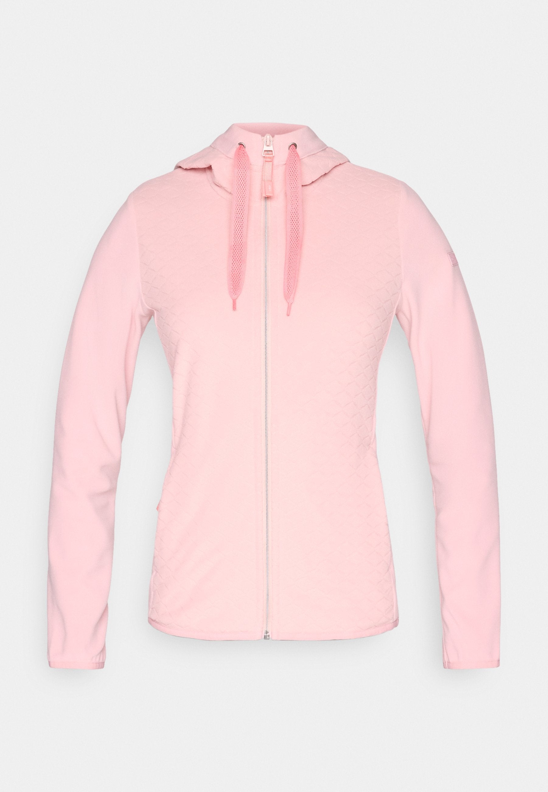 Hellrosa Damen-Zip-Hoodie mit langen Ärmeln und strukturierten Seitenpaneelen, mit Kapuze mit Mesh-Kordeln.