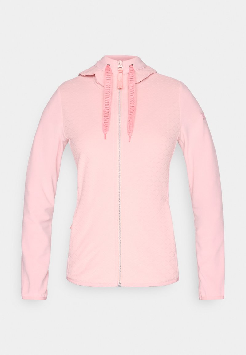 Hellrosa Damen-Zip-Hoodie mit langen Ärmeln und strukturierten Seitenpaneelen, mit Kapuze mit Mesh-Kordeln.