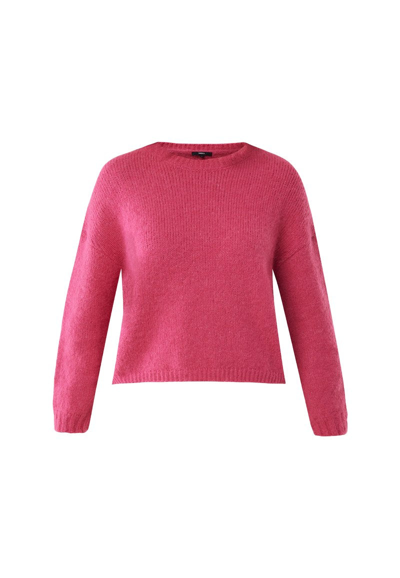 Rosa gestrickter Pullover mit Rundhalsausschnitt, langen Ärmeln und geripptem Saum. Der Stoff hat eine weiche Textur und eine leicht lässige Passform.