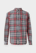 Karierte Button-Up-Hemd in Grau-, Rot- und Blautönen. Lange Ärmel, spitzer Kragen, Brusttasche und dunkle Knöpfe. Texturierter Stoff.
