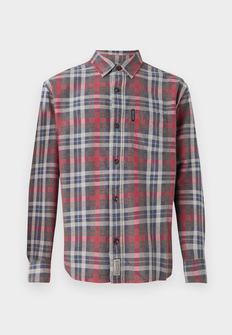 Karierte Button-Up-Hemd in Grau-, Rot- und Blautönen. Lange Ärmel, spitzer Kragen, Brusttasche und dunkle Knöpfe. Texturierter Stoff.