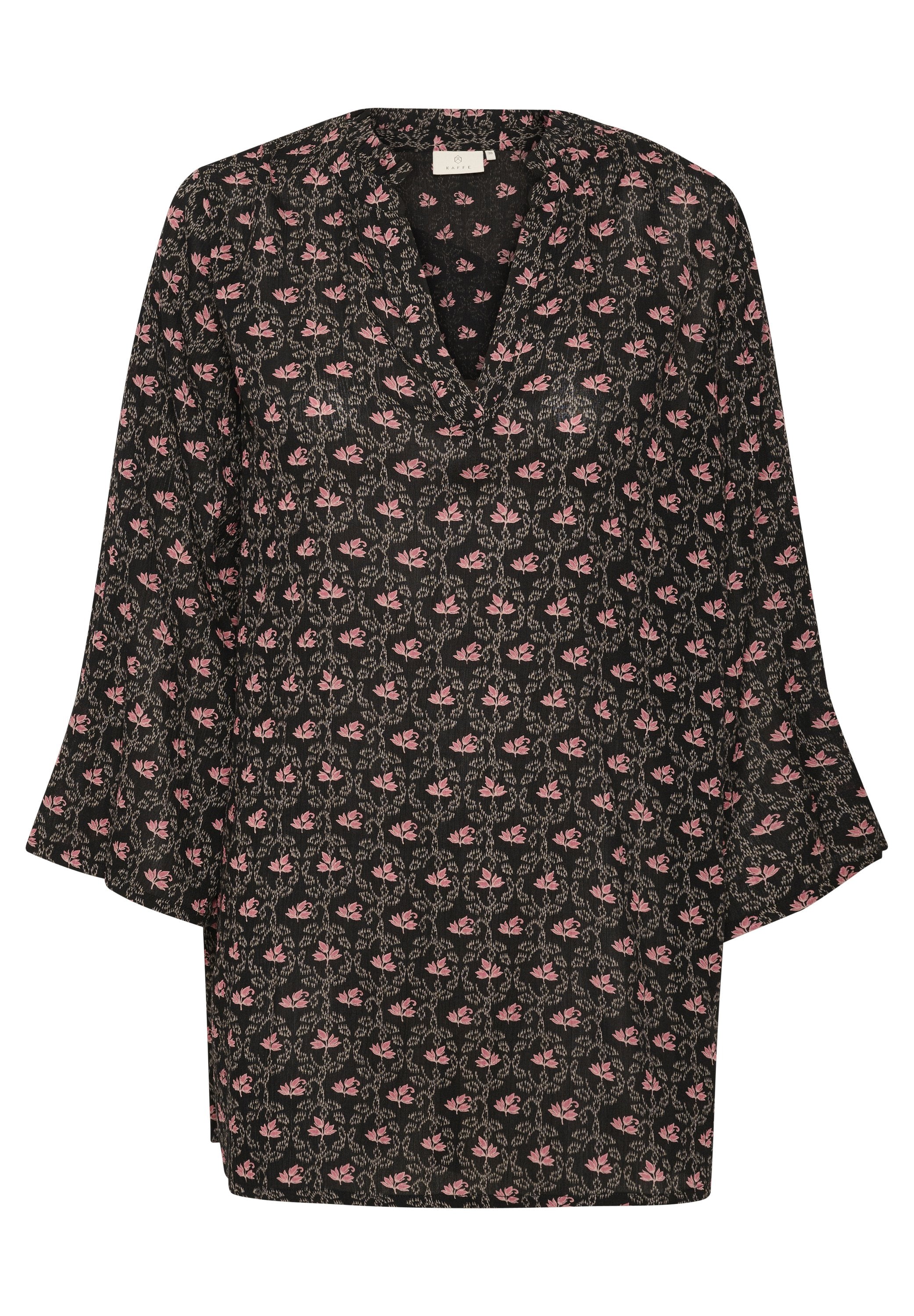 Schwarze Tunika mit V-Ausschnitt, versehen mit einem floralen Muster in rosa und grünen Akzenten. Aus leichtem Material mit Glockenärmeln gefertigt.