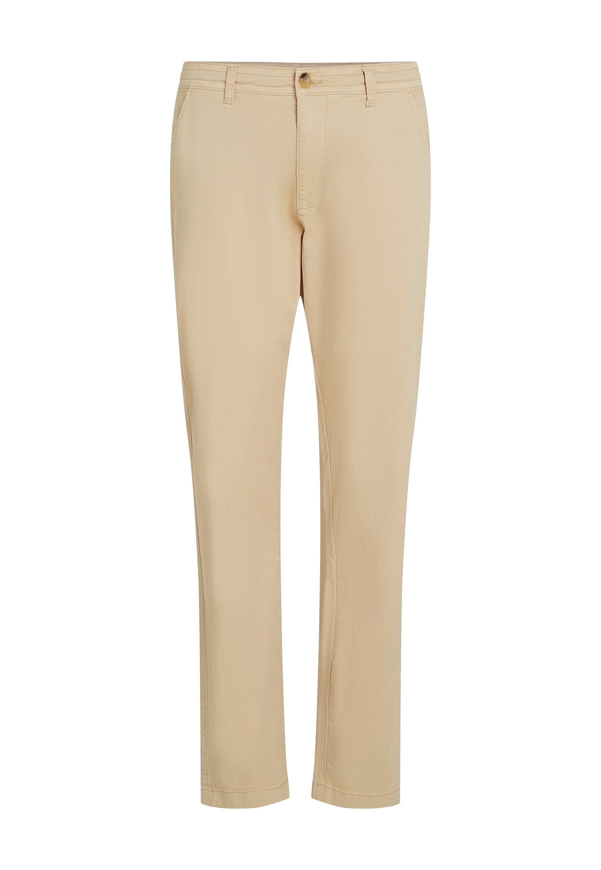 Beige Hosen mit geradem Bein, ausgestattet mit einem Reißverschluss und Knopfverschluss, aus glattem Stoff mit dezenten Steppnähten.