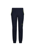 Marineblaue Hose im Slim-Fit-Design mit grünen Akzenten, Seitentaschen und einem elastischen Bund. Hergestellt aus leichtem Material.