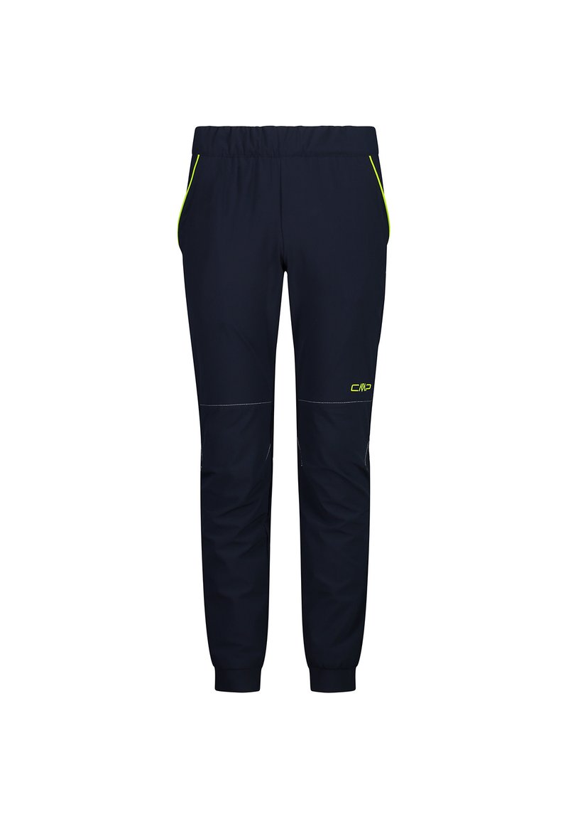Marineblaue Hose im Slim-Fit-Design mit grünen Akzenten, Seitentaschen und einem elastischen Bund. Hergestellt aus leichtem Material.