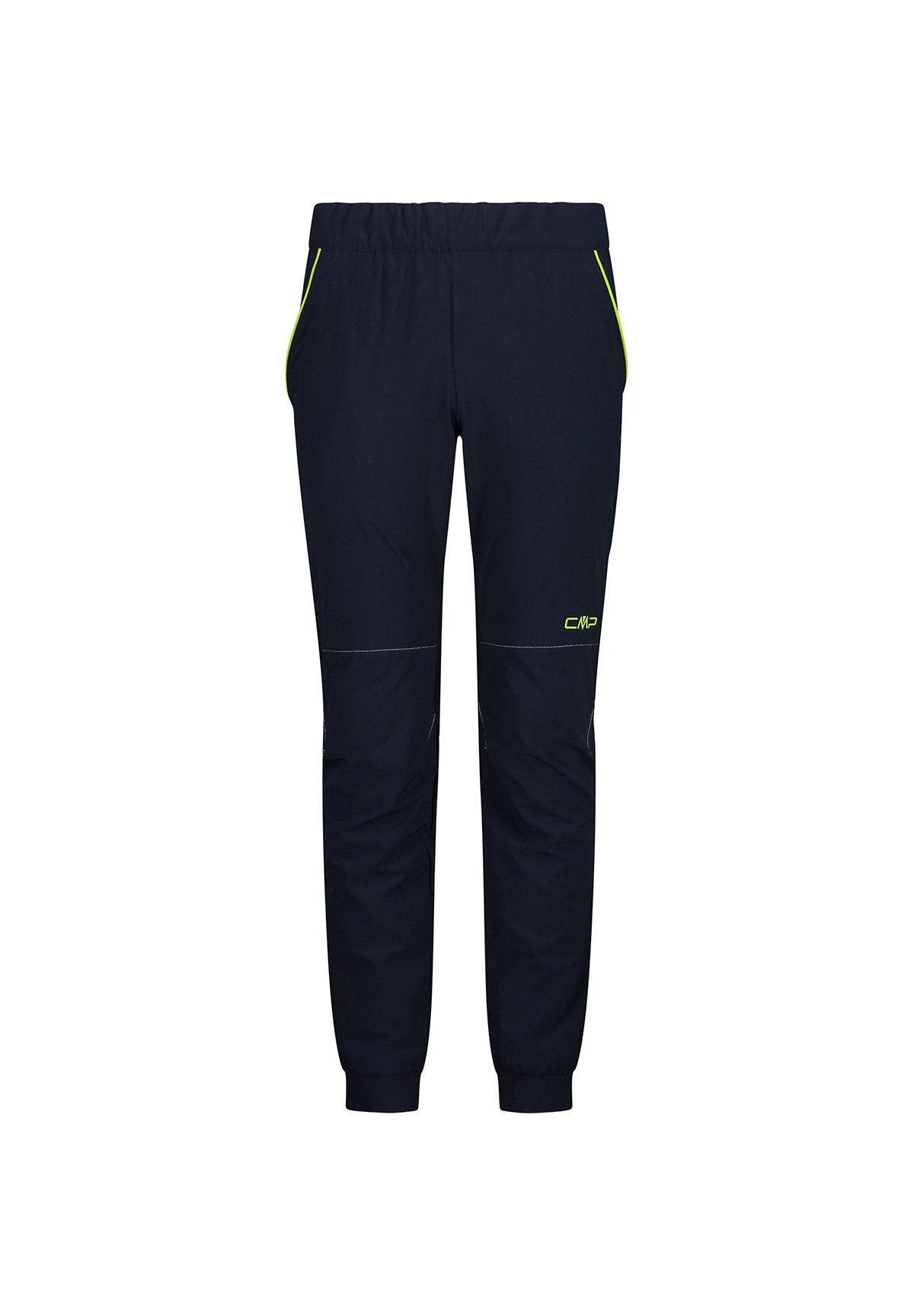Marineblaue Hose im Slim-Fit-Design mit grünen Akzenten, Seitentaschen und einem elastischen Bund. Hergestellt aus leichtem Material.