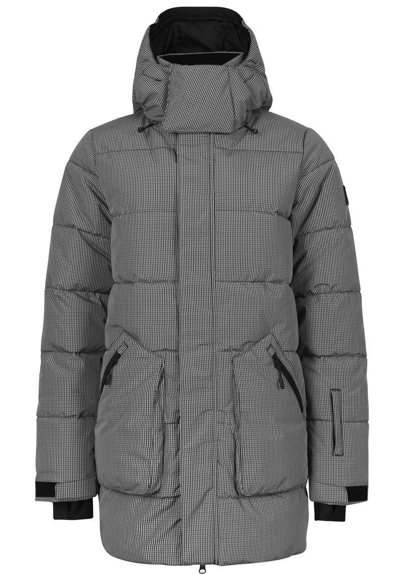 Gefütterte Jacke im schwarz-weißen Karomuster, mit hohem Kragen, Reißverschlusstaschen und elastischen Bündchen für Wärme und Komfort.