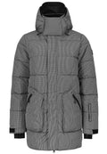 Gefütterte Jacke im schwarz-weißen Karomuster, mit hohem Kragen, Reißverschlusstaschen und elastischen Bündchen für Wärme und Komfort.