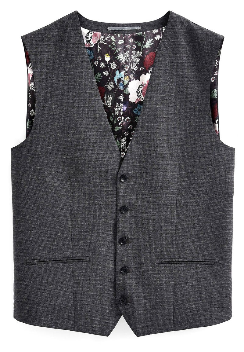 Grauer Stoffweste mit strukturiertem Finish, ausgestattet mit einem blumengemusterten Futter, fünf schwarzen Knöpfen und zwei vorderen Taschen.