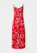 Rotes Midikleid mit weißen Blumenmustern, V-Ausschnitt, verstellbaren Trägern und einer strukturierten Stoffoberfläche.